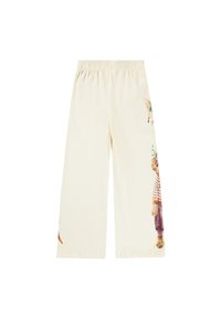 Pantalons en coton crème avec des impressions d'animaux ludiques sur chaque jambe. Taille élastique et design à jambes larges pour le confort.