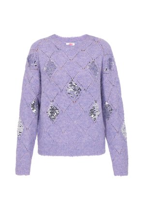 Világoslila, gyöngyös, gyémántmintás kötött pulóver. Texturált anyag, kerek nyakú és bordás mandzsettájú.