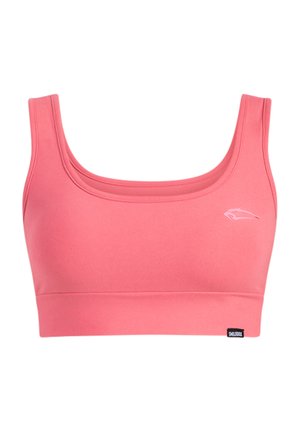 Rosa Sport-BH mit rundem Ausschnitt, breiten Schulterträgern und enger Passform. Verfügt über ein dezentes Logo auf der Brust und eine glatte Stoffstruktur.