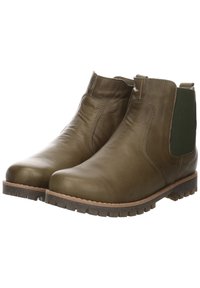 Olivgrüne Leder-Stiefeletten mit runder Zehenform, elastischen seitlichen Akzenten und einer robusten Gummisohle. Glatte Oberfläche und minimalistisches Design.
