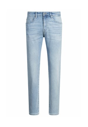 Light blue straight-cut jeans with a faded finish, five pockets, and a button closure. Made from denim fabric with visible stitching details.