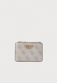 Szürke tárca dombornyomott logómint�ával, arany színű szerelékkel, cipzáros záródással, téglalap alakú és sima textúrájú. Kompakt és funkcionális kialakítás.