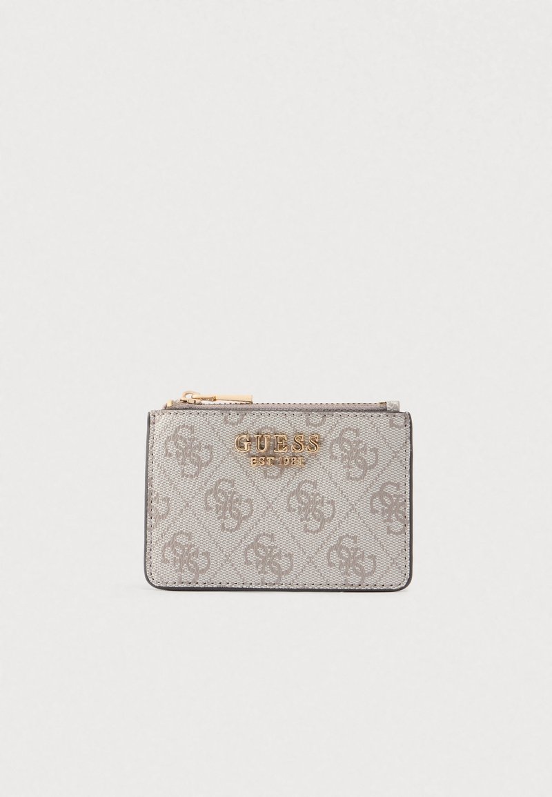 Szürke tárca dombornyomott logómintával, arany színű szerelékkel, cipzáros záródással, téglalap alakú és sima textúrájú. Kompakt és funkcionális kialakítás.