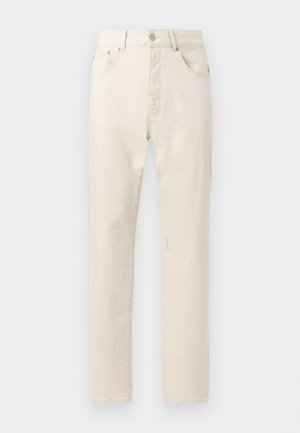 Off-white jeans med lige ben, forlommer, bæltestropper og knaplukning, vist mod en ensfarvet baggrund.
