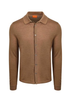 Brown knitted cardigan with long sleeves, collar, and a button-up front. Features gray buttons and a smooth texture.