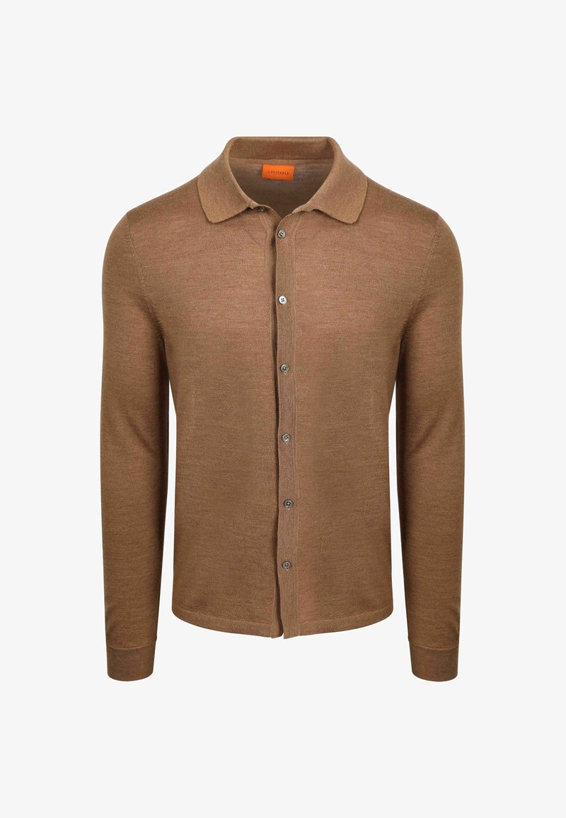 Bruine gebreide cardigan met lange mouwen, kraag en een knoopsluiting aan de voorkant. Heeft grijze knopen en een gladde textuur.