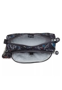 Astuccio nero in tessuto con due cerniere, decorato con un motivo di contorni colorati. Include un accessorio a forma di portachiavi peloso; l'interno è di un grigio chiaro.