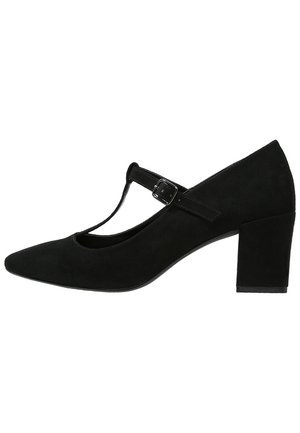 Schwarzer Mary-Jane-Schuh aus Wildleder mit mittelhohem Blockabsatz und verstellbarem Schnallenriemen über dem Spann.