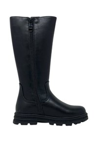 Stivale nero fino al ginocchio realizzato in pelle sintetica, con zip laterale, suola testurizzata e finitura liscia. Progettato per durabilità e comfort.