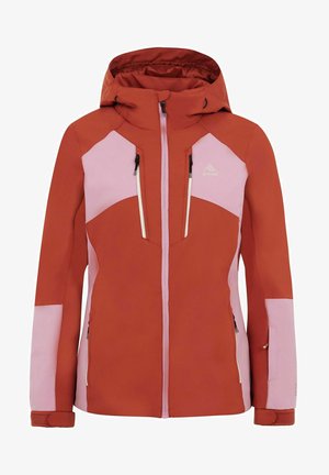 Veste de ski rouge et rose avec fermeture éclair, capuche réglable, deux poches à l'avant et panneaux de couleur contrastée.