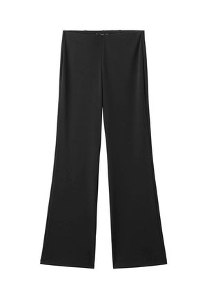 Pantalon noir à jambes larges en tissu lisse avec une taille haute, présenté à plat sur un fond blanc.