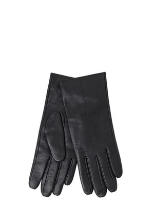Een paar zwarte leren handschoenen met stikdetails, plat neergelegd met één handschoen gedeeltelijk over de andere op een witte achtergrond.