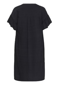 Dunkelgraues, kurzärmeliges Kleid aus strukturiertem Stoff. Verfügt über Rüschensäume und einen lockeren Schnitt, mit einem Rückenfaltendetail.