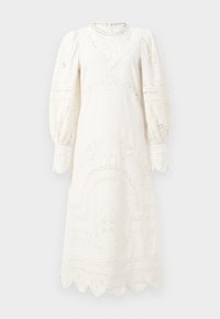 Robe blanche mi-longue avec des motifs brodés, manches bouffantes et ourlet en forme de feston. Fabriquée en tissu léger avec une texture semblable à de la dentelle.