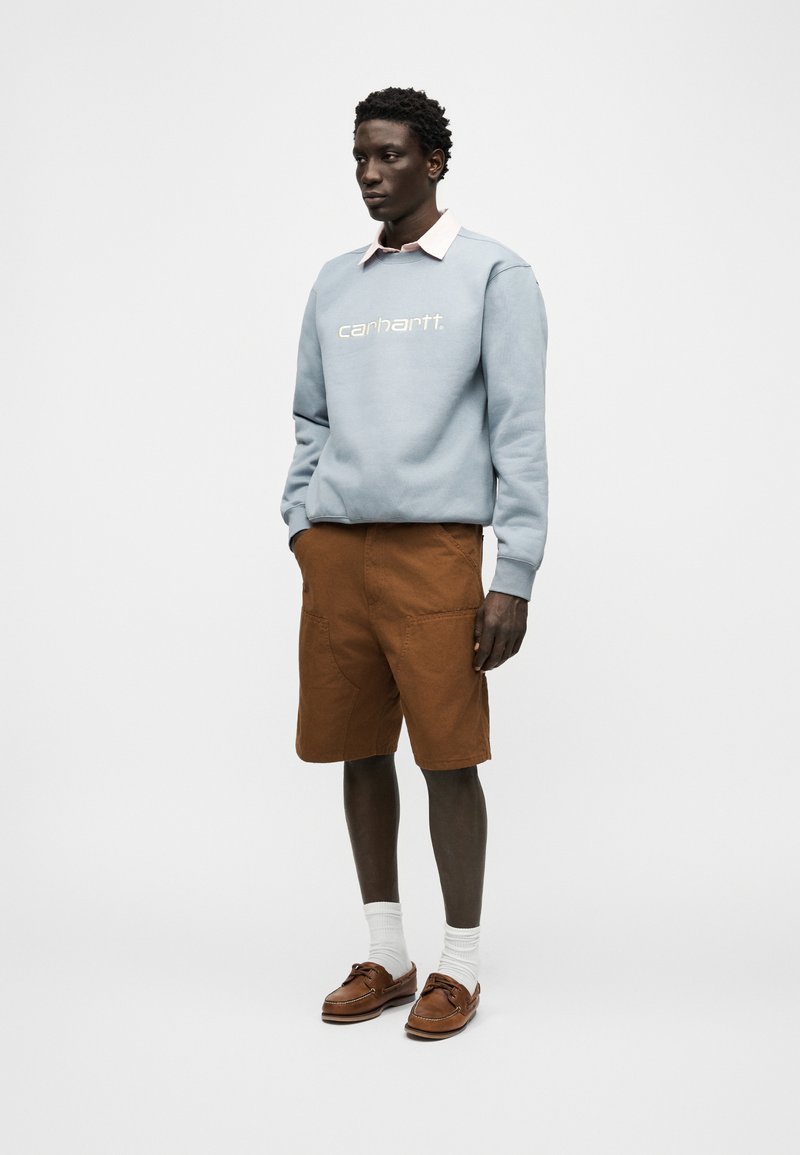 Uomo che indossa una felpa Carhartt azzurro chiaro sopra una camicia rosa con collo, pantaloncini marroni al ginocchio, calzini bianchi e scarpe di pelle marroni, in piedi.