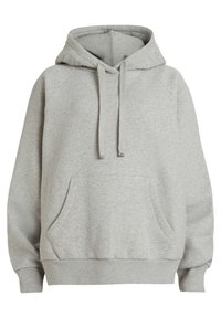 Felpa grigia in materiale morbido, con cappuccio regolabile da coulisse, tasche frontali e polsini a costine. Design semplice e vestibilità comoda.