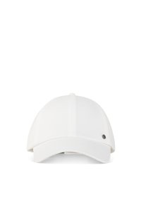White baseball cap with a structured crown, curved visor, stitched panels, and a small metallic logo detail on the side.