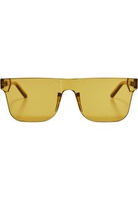 Ochelari de soare galbeni cu un design minimalist rectangular, având lentile colorate și margini de cadru clare. Temele sunt elegante și unghiulare.