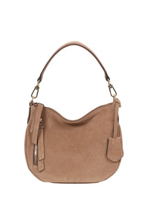 Brown suede shoulder bag with rounded shape, a top zipper, detachable tassel, and gold hardware accents. Smooth texture and minimalist design.