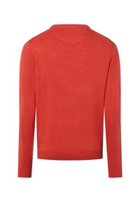 Roter Pullover mit langen Ärmeln und Rundhalsausschnitt, aus weichem Strickstoff gefertigt. Besitzt ein einfaches, ungeschmücktes Design mit gerippten Bündchen und Saum.