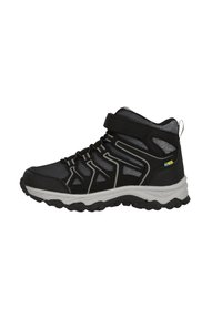 Schwarz- und graue Wanderschuhe aus Mesh- und Synthetikmaterial, mit hohem Schaft, Riemenverschluss und einer strukturierten Gummisohle mit Traktionsmustern.