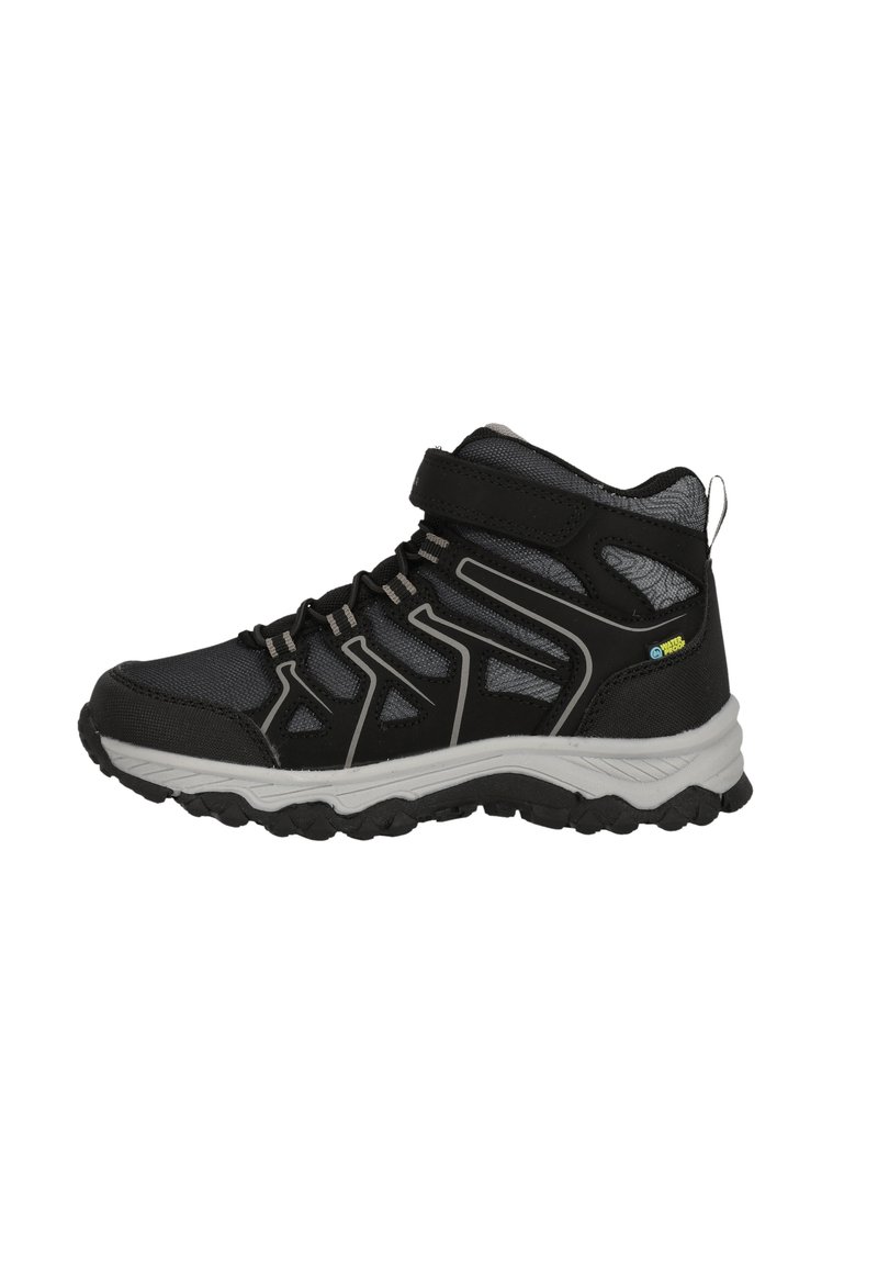 Schwarz- und graue Wanderschuhe aus Mesh- und Synthetikmaterial, mit hohem Schaft, Riemenverschluss und einer strukturierten Gummisohle mit Traktionsmustern.