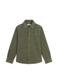 Camisa de pana verde aceituna con cuello abotonado, mangas largas, bolsillo frontal y pequeño detalle de calavera bordado.