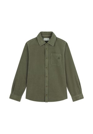 Camisa de pana verde aceituna con cuello abotonado, mangas largas, bolsillo frontal y pequeño detalle de calavera bordado.
