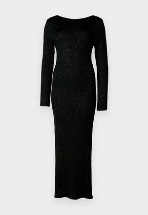 Schwarzes, langärmliges Kleid aus strukturiertem Stoff mit taillierter Form und bodenlangem Design, das dezente Glitzerakzente aufweist.