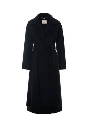 Cappotto avvolgente in lana nera con colletto a risvolto, maniche lunghe e cintura coordinata. Presenta una texture liscia e una lunghezza al ginocchio.