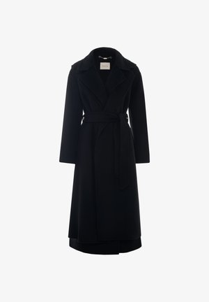 Cappotto avvolgente in lana nera con colletto a risvolto, maniche lunghe e cintura coordinata. Presenta una texture liscia e una lunghezza al ginocchio.