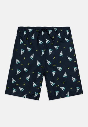 Pantaloni da nuoto blu navy con motivo di veliero e gabbiano in azzurro chiaro e giallo. Vita elastica con cordoncino. Realizzati in materiale leggero.