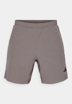 Γκρι αθλητικό σορτς από ελαφρύ ύφασμα, με ελαστική μέση και μαύρη λεπτομέρεια λογότυπου στο κάτω αριστερό μέρος.