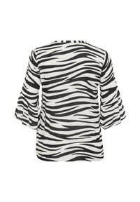 Bluză cu dungi zebra în alb și negru, cu mâneci evazate de trei sferturi, guler rotund și țesătură moale, ușoară.