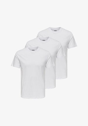 Tre ensfarvede hvide t-shirts lavet af bomuld, med korte ærmer, runde halsudskæringer og en afslappet pasform. Ingen synlige mønstre eller grafik.