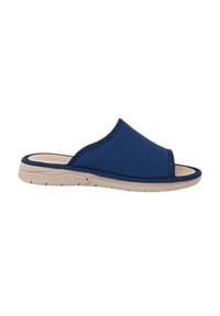 Infradito blu navy con tomaia in tessuto morbido, soletta imbottita e suola in gomma beige chiaro con un motivo a zigzag.