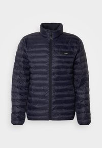 Navy blue puffer jacket with horizontal quilted design, high collar, full front zipper, and a small logo patch on the chest.