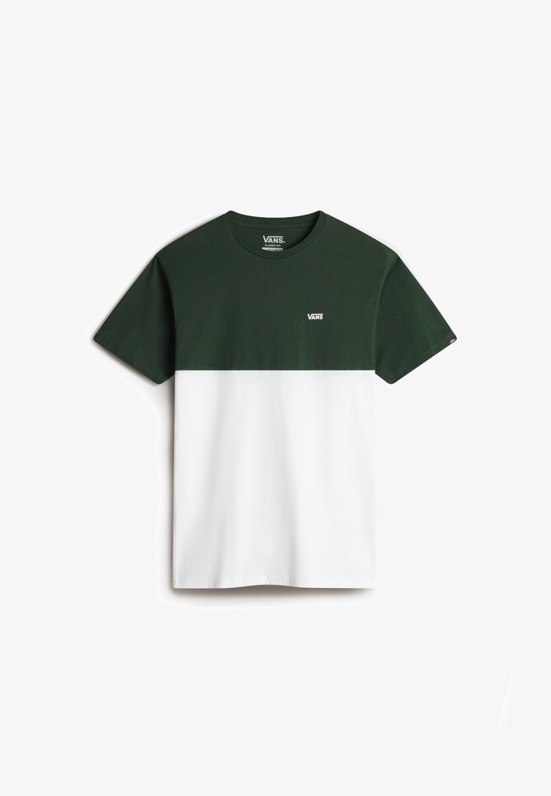 Kurzärmliges T-Shirt mit der oberen Hälfte in Dunkelgrün und der unteren Hälfte in Weiß, aus Baumwolle gefertigt, mit einem kleinen Vans-Logo auf der Brust.