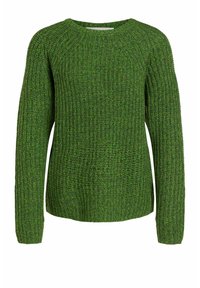 Dick gestrickter grüner Wollpullover mit langen Raglanärmel und Rundhalsausschnitt, der ein strukturiertes Rippenmuster aufweist.