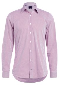 Röd- och vitrandig skjorta med långa ärmar, knapplist och rundad nederkant. Tillverkad av lättviktsmaterial och har en klassisk krage.