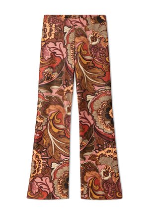 Wijde broek met een vintage bloemen- en bladerenpatroon in bruine, roze, oranje en beige tinten op een witte achtergrond.