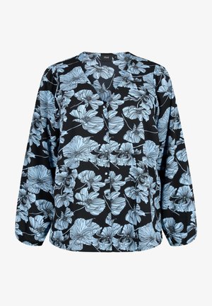 Blusa nera con motivo floreale blu, dotata di chiusura con bottoni sul davanti, maniche lunghe e tessuto morbido e leggero.