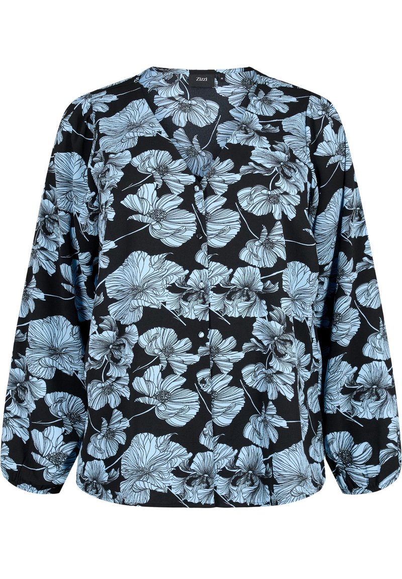 Blusa nera con motivo floreale blu, dotata di chiusura con bottoni sul davanti, maniche lunghe e tessuto morbido e leggero.