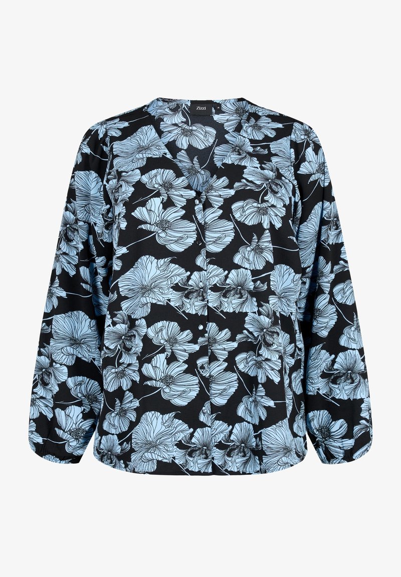 Black blouse with blue floral pattern, featuring a button-down front, long sleeves, and soft, lightweight fabric.