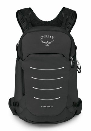 Sac à dos noir Black Osprey Syncro 20 avec bretelles rembourrées, compartiment avant et éléments réfléchissants.