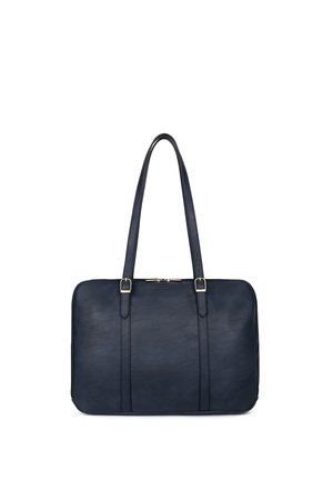 Sac fourre-tout en cuir noir avec deux longues bandoulières et détails de boucles en or, forme rectangulaire avec fermeture éclair en haut.