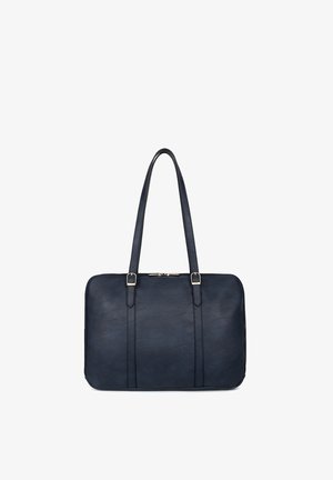 Borsa tote in pelle nera con due lunghi spallacci e dettagli con fibbie dorate, forma rettangolare con chiusura a zip sulla parte superiore.