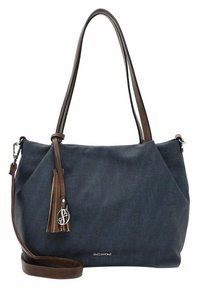 Sac à main en tissu bleu marine avec poignées en cuir marron, bandoulière amovible, breloque pompon et logo de la marque argenté « Emily & Noah ».