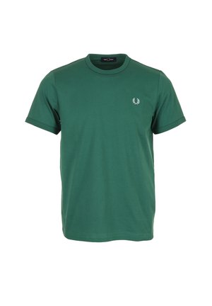 T-shirt verde scuro a maniche corte con scollo rotondo e piccolo logo bianco di corona d'alloro sul petto sinistro.