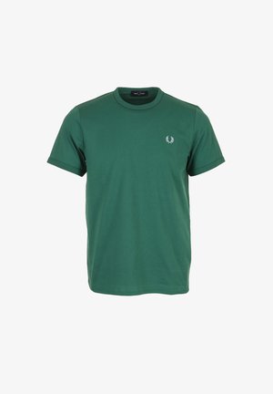 Donkergroene T-shirt met korte mouwen en ronde hals met een klein wit lauwerkranslogo op de linkerborst.